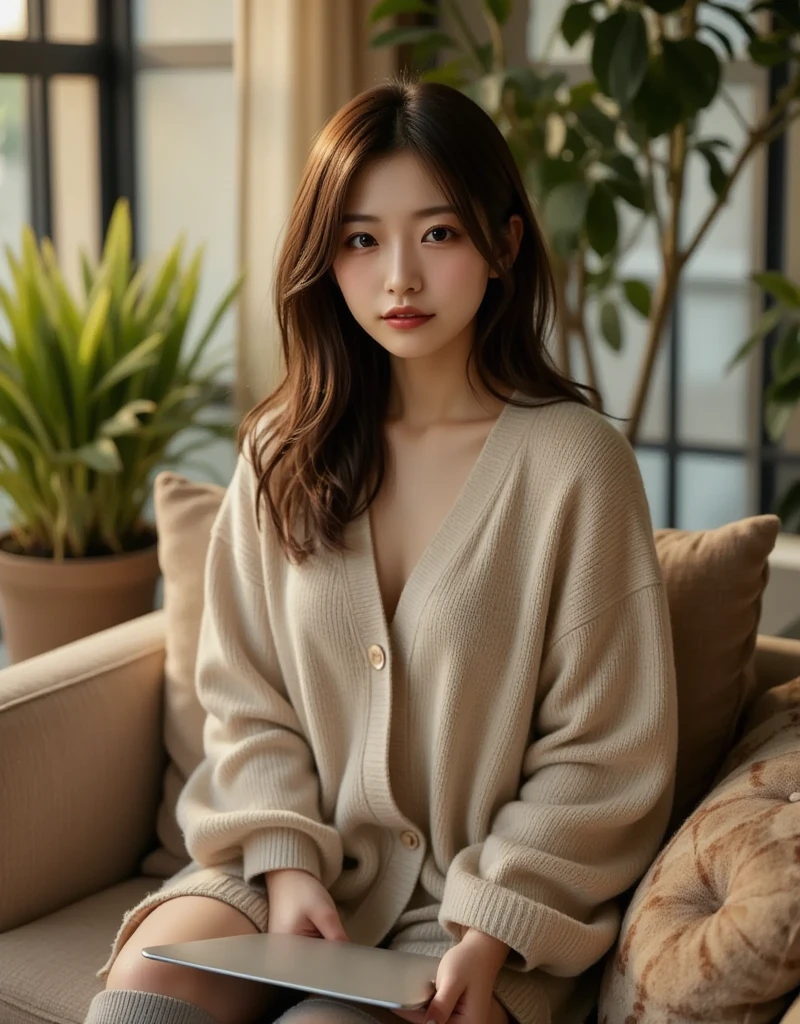 Photo naked woman sitting on windowsill, (gray sweater, V-neck,cardigan),Image Source:Ji Chen, tumbler, aestheticism, stills, beautiful, pixiv . 35mm photo, , Bokeh, professional, 4k, Very detailed