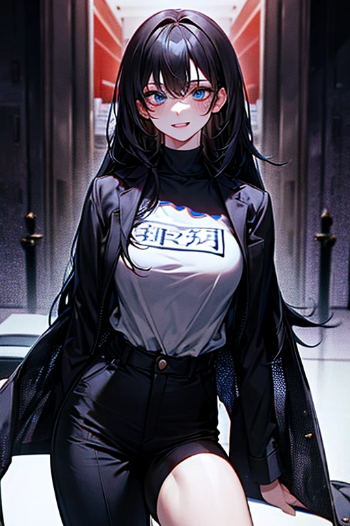 The image you have provided is an illustration of an anime style character. The character is represented with black hair and bangs that cover his eyes.. She is wearing a black sweatshirt with a subtle design on the front and fishnet stockings.. The character is standing in an interior space, aparentemente un pasillo, con una puerta cerrada visible en el fondo. The character's pose and outfit give a casual and somewhat seductive feel. The image appears to be drawn in a typical anime or manga style with an emphasis on clean lines and detailed shading.