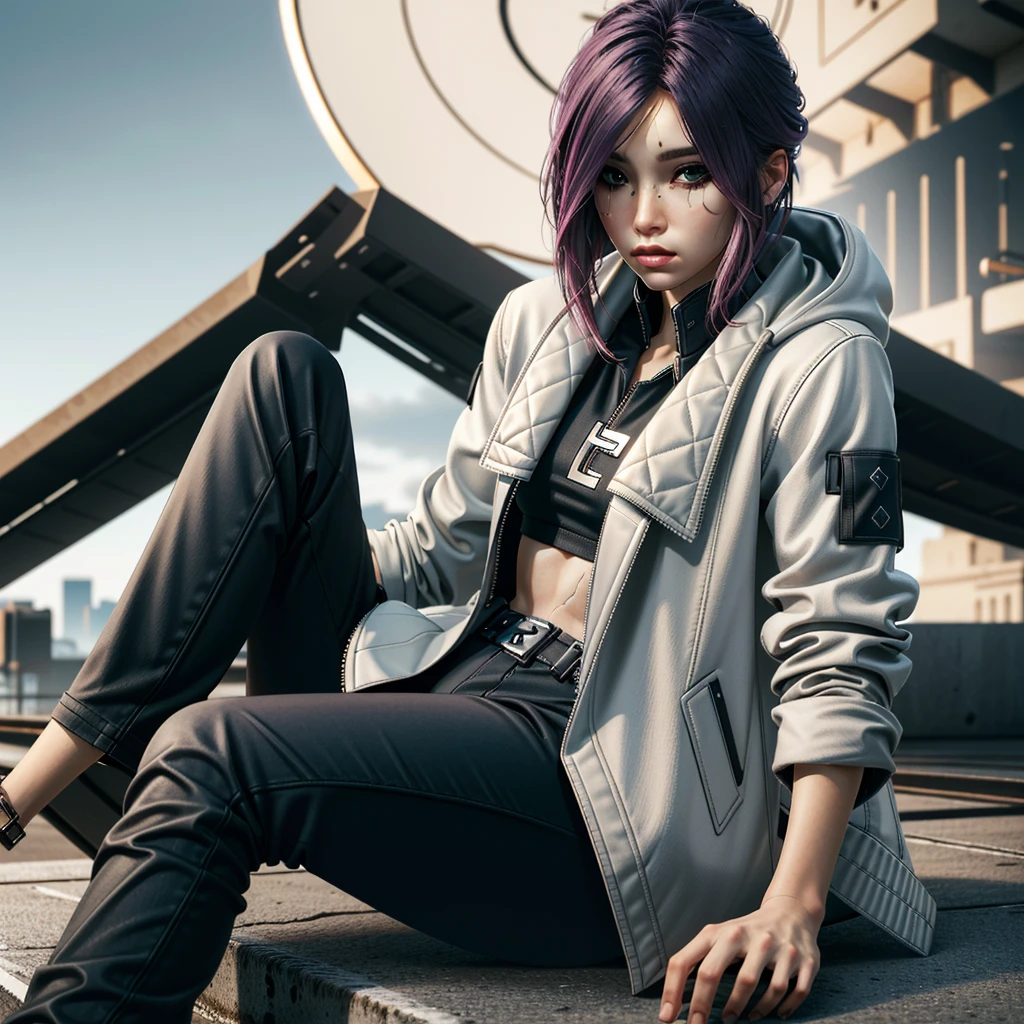 Pretty black woman sitting on a hillside, soft hair, funkypop, cyberdelic, grunge, hyperrealistic anime, lofi art, luminism, manga, medium shot, chemiluminescence, flare, flourescent lightin, character design, atey ghailan, basquiat, colorful_frequencies, electric colors, iridescent, dynamic pose, nouveau realisme, city background, african american, casual clothing, sunlight 