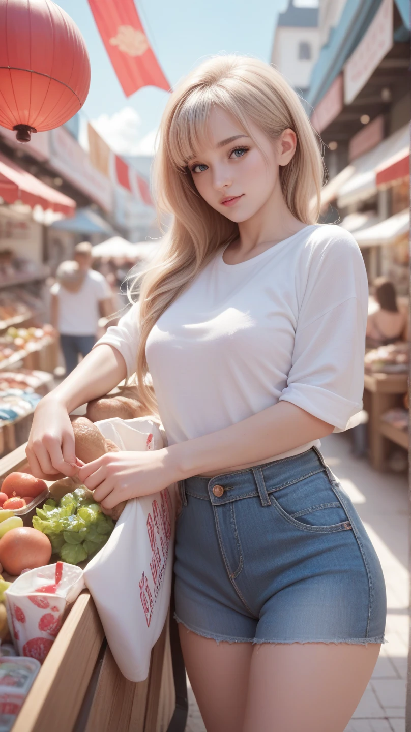 (realistic:1.3), finely detailed, quality, rembrandt lighting, (masterpiece:1.2), (photorealistic:1.2), (best quality), (detailed skin:1.3), (intricate details), dramatic, ray tracing, 1girl, 21 years old, detailed skin texture, (blush:0.5), (goosebumps:0.5), subsurface scattering, smiling, small breasts, puffy nipples, short hair, blonde hair, red eyes, hairband, hair ribbon, ponytail, tshirt, short shorts, key necklace, wristband, fullbody shot, (bright sunny day, village, outdoors, market, fresh produce)