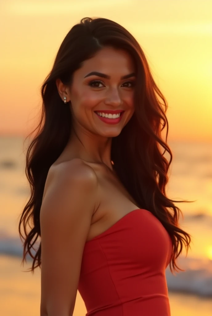 a woman in a red bikini, cabelo comprido, morena, Cabelo castanho longo bonito, gorgeous female, mulher brasileira bronzeada bonita em pose sensual