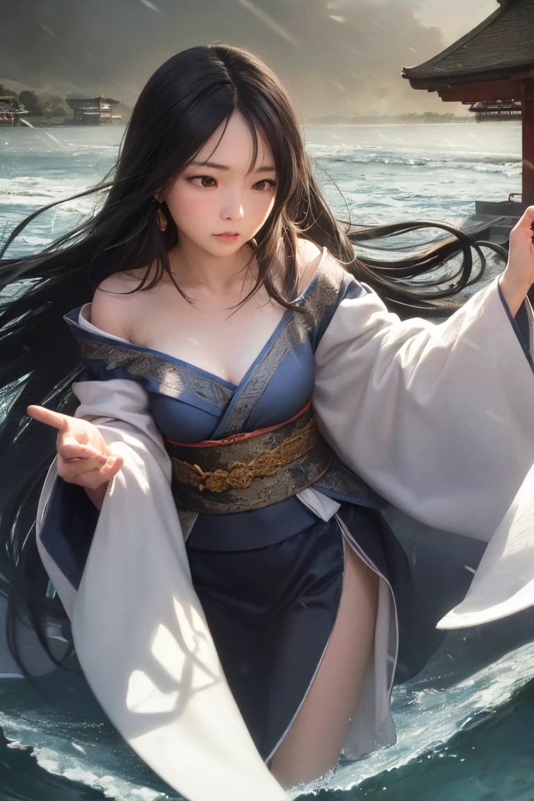 woman((20-year-old)), hair((length, wavy, black)), eye((black)), Clothes((海軍の制Clothes, mantle)), rose hairpin, Huge , big breasts, Korean makeup look, port, warship, have a gun, smile,perfect body,(lie:1.3)
