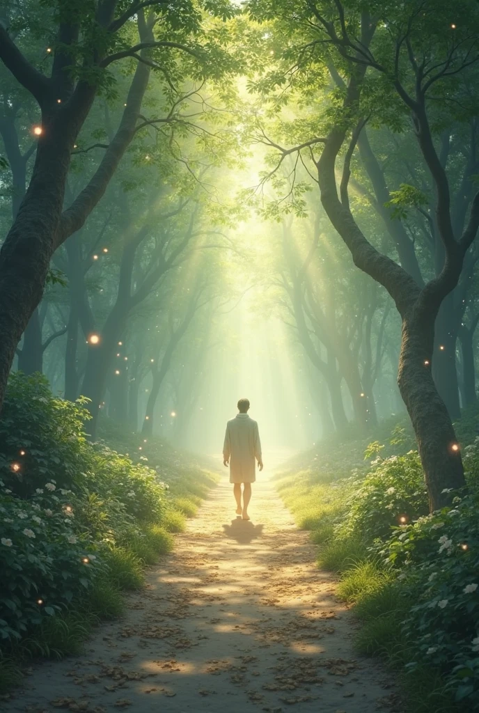 a man made of fireflies, surrounded by fireflies.