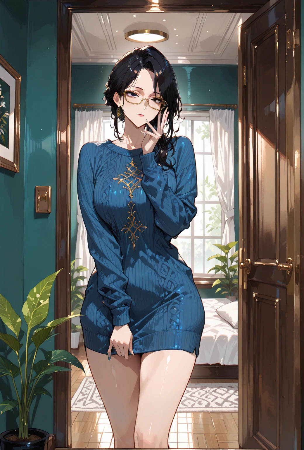 (masterpiece), (8k, best quality, high resolution), (ultra-detailed, realistic), (anatomically correct),  
((from head to thighs)), (Standing), (No background),
(1woman),  (looking at viewer), (lift the dress up to the navel),  
(A Japanese woman, 30 years old and 155cm tall), 
(black hair), (straight hair), (short hair style), ((bob cut)), (hair behind ears), 
(wear glasses), ((black cell frame glasses)), 
((Wear a navy blue spaghetti strap dress)), ((Mini length dress with a simple design and minimal decoration)), 
(wear panties), ((white panties)), 
(Create a detailed image of the eye), 
(Her impression is pure, clean and kind.), 
((A captivating smile, just showing a few teeth.)), 　 
