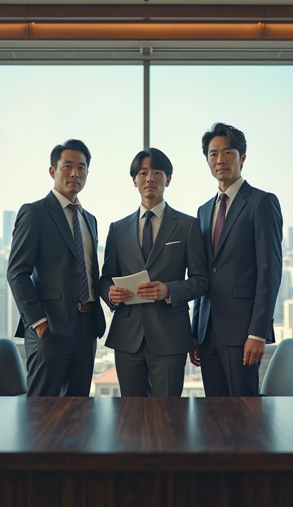 Creative white workers, Japan men in their 30s, friendly, team, young, in suits, workplace scene, 1 room --auto