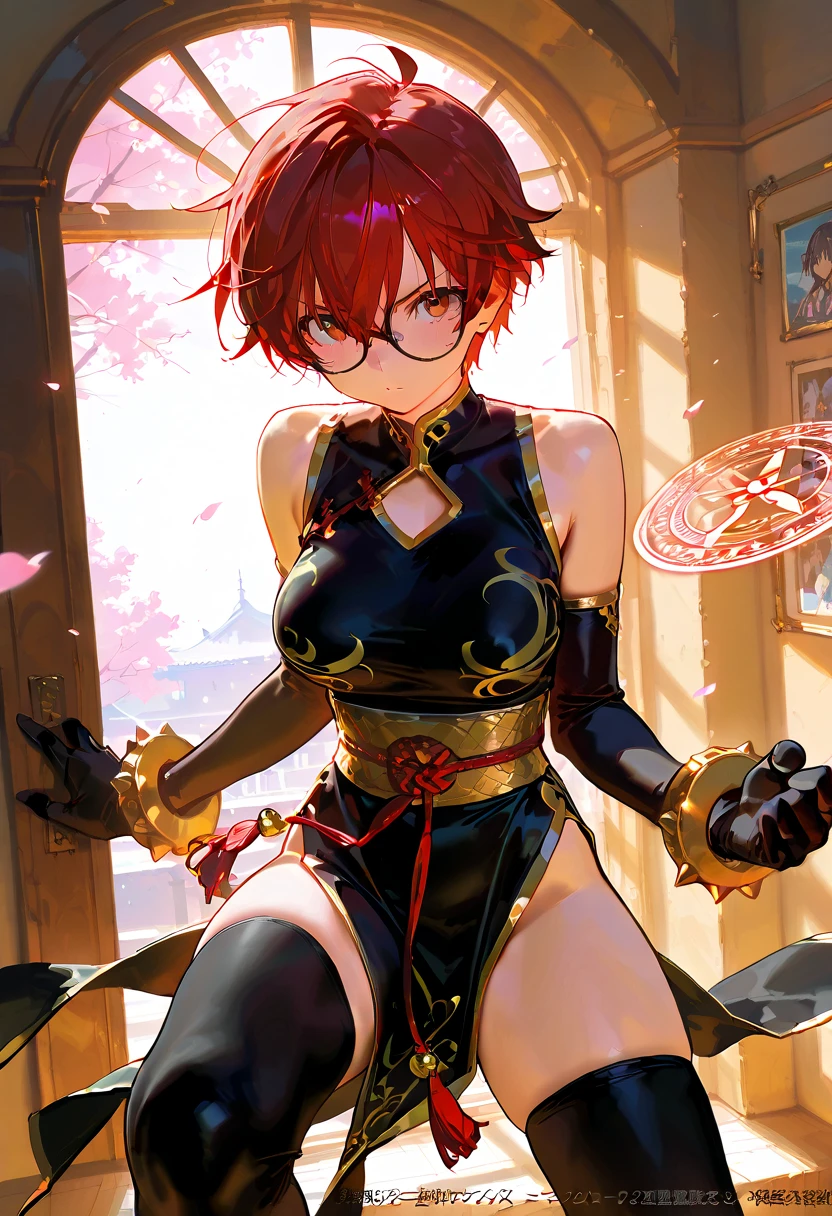 masterpiece,bestquality,ultra-detailed,Cinematic Lighting,llustration,masterpiece, best quality,1girl, medium breasts,medium hair, solo,<lora:Mirai:0.5>, kuriyama_mirai, glasses, red-framed_eyewear, boots, ponytail, dress, squatting, high heels, long hair, skatesrealistic and detailed clothes, fine fabric emphasis, photorealistic, (extremely detailed), detailed hair, best resolution, best quality, ((medium breasts)), best resolution, best quality, (Masterpiece), extremely detailed face, Original Character, perfect lighting, best colors, colorful, beautiful, fine detail, ultra high resolution, Natural Volumetric Lighting And Best Shadows, Deep Depth Of Field, (Highest Quality, Amazing Details:1.4)