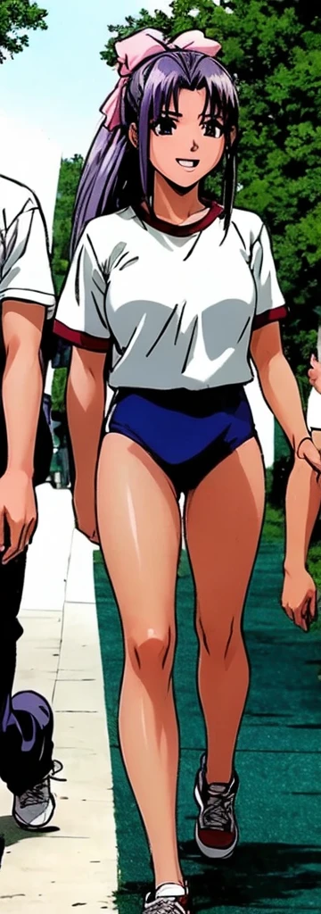Momoko Koigakubo, a tall girl with beautiful legs, is standing with a smile on her face in a white gym uniform and light navy blue bloomers that look like panties, holding a boy in a tracksuit next to her.。