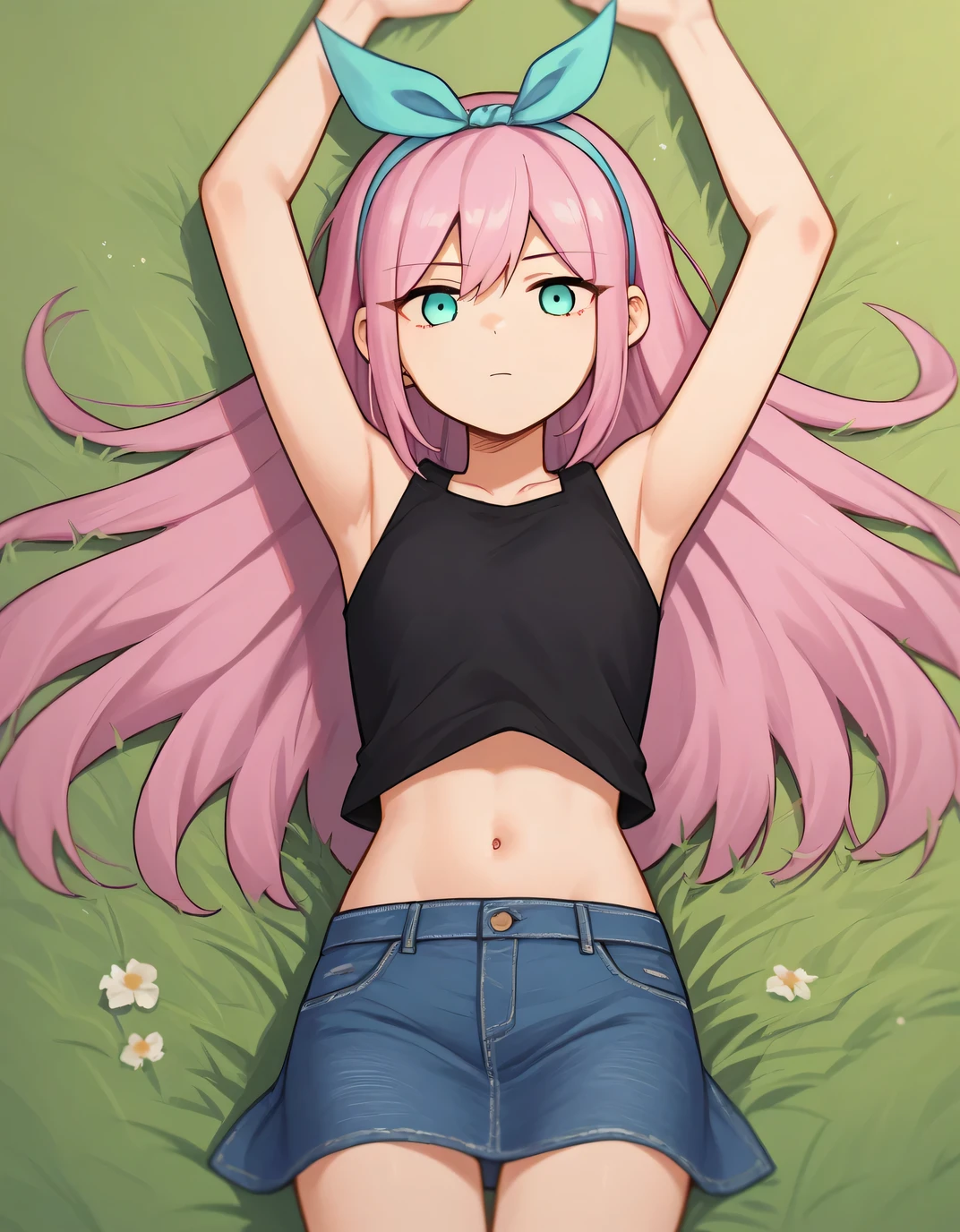 aubreyomori, aqua eyes, pink hair, hairband, long hair, black shirt, sleeveless, navel, midriff, denim skirt, high quality, solo, lying, on back, spread arms, arms up, closed mouth, on grass, looking at viewer, cowboy shot, expressionless, best quality
