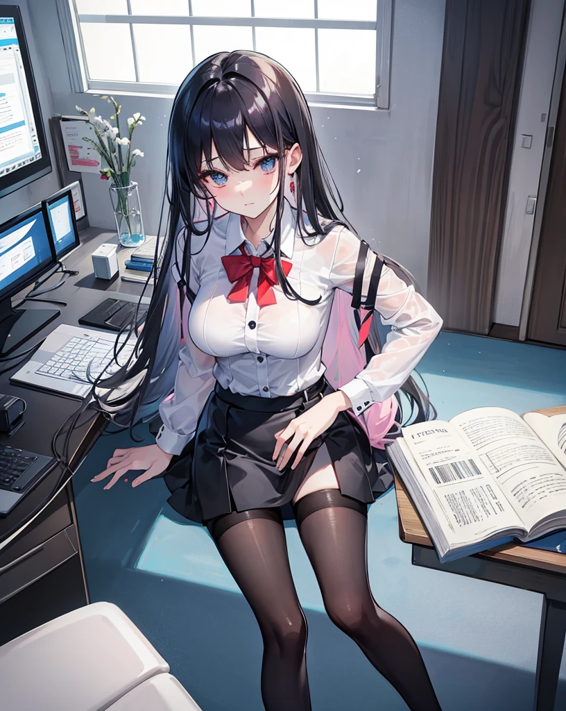 high quality,4K,super fine,Realism,major, button,的秘书全身照,wearing a and stitched stockings,The stand is straight,alone in the office,high heels,Craving ,stroke drawing of herself,interior,desk,computer,document,interior窗,Soft Light,, mature,Charming Quadcopter,Portrait Photography,photo