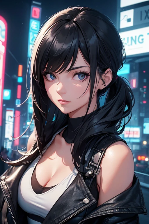 (Masterpiece, fine detailed beautiful eyes: 1.2), 10years old,(flatchest:1.2),Black hair,Black tank top, cleavage,Frontal photo,closeup cleavage,Suspenders,Arms drooping,The shoulder straps slip off, glowing headphones, Cyberpunk, Futuristic, Detailed eyes, ultra - detailed,Light smile, looks into camera, (Extremely detailed CG, Unity, 8K wallpaper:1.1), Beautiful face, Highly detailed ,street corner