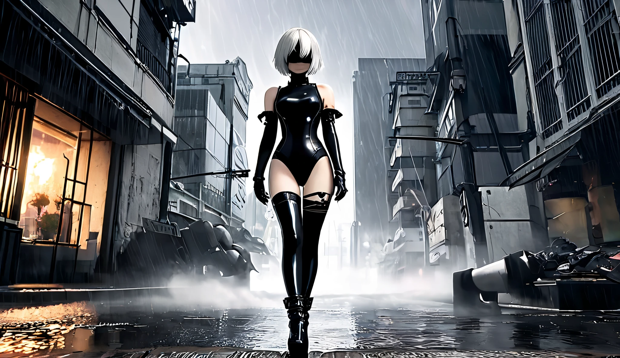 Nier Automata's 2B wearing a black and white leotard, and black latex high boots walking towards you through a city in the middle of a storm.