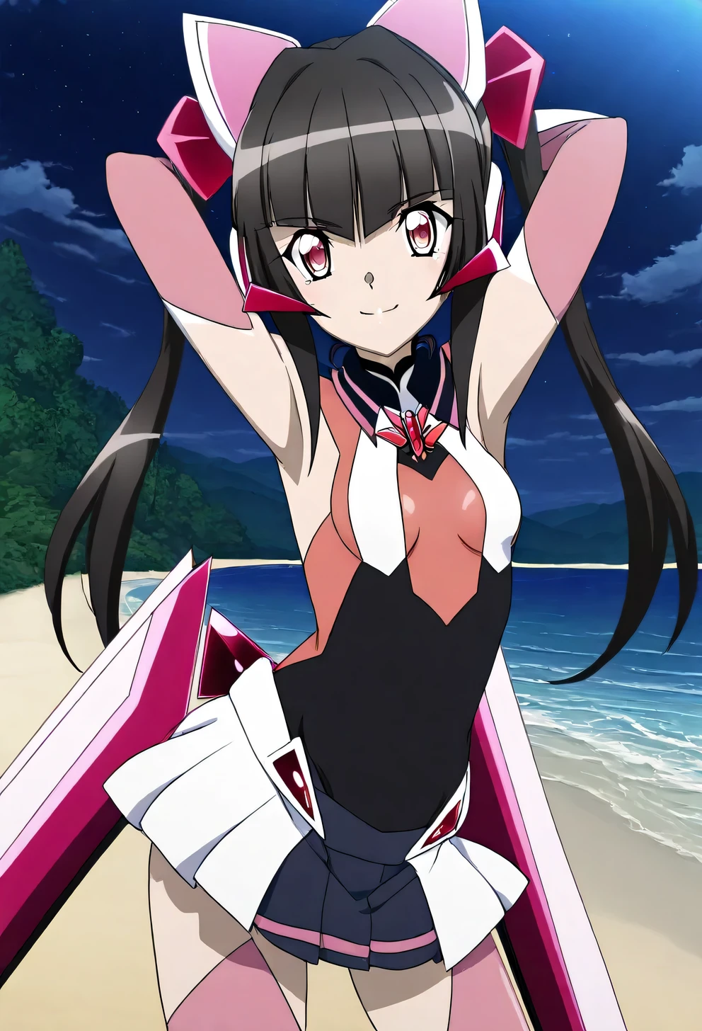 tsukuyomi shirabe, anime screencap, anime art style, tsukuyomi shirabe, senki zesshou symphogear, 1girl, solo, black hair, bangs, shiny, small breasts, leotard, pink eyes, blunt bangs, small breasts, thighhighs, shiny hair, skirt, twintails, long hair, gloves, headgear, elbow gloves, pink thighhighs, bare shoulders, arm guards, anime screencap, high quality, solo, cowboy shot, (contrapposto), hands behind head, closed mouth, smile, night sky, beach, looking at viewer, best quality,