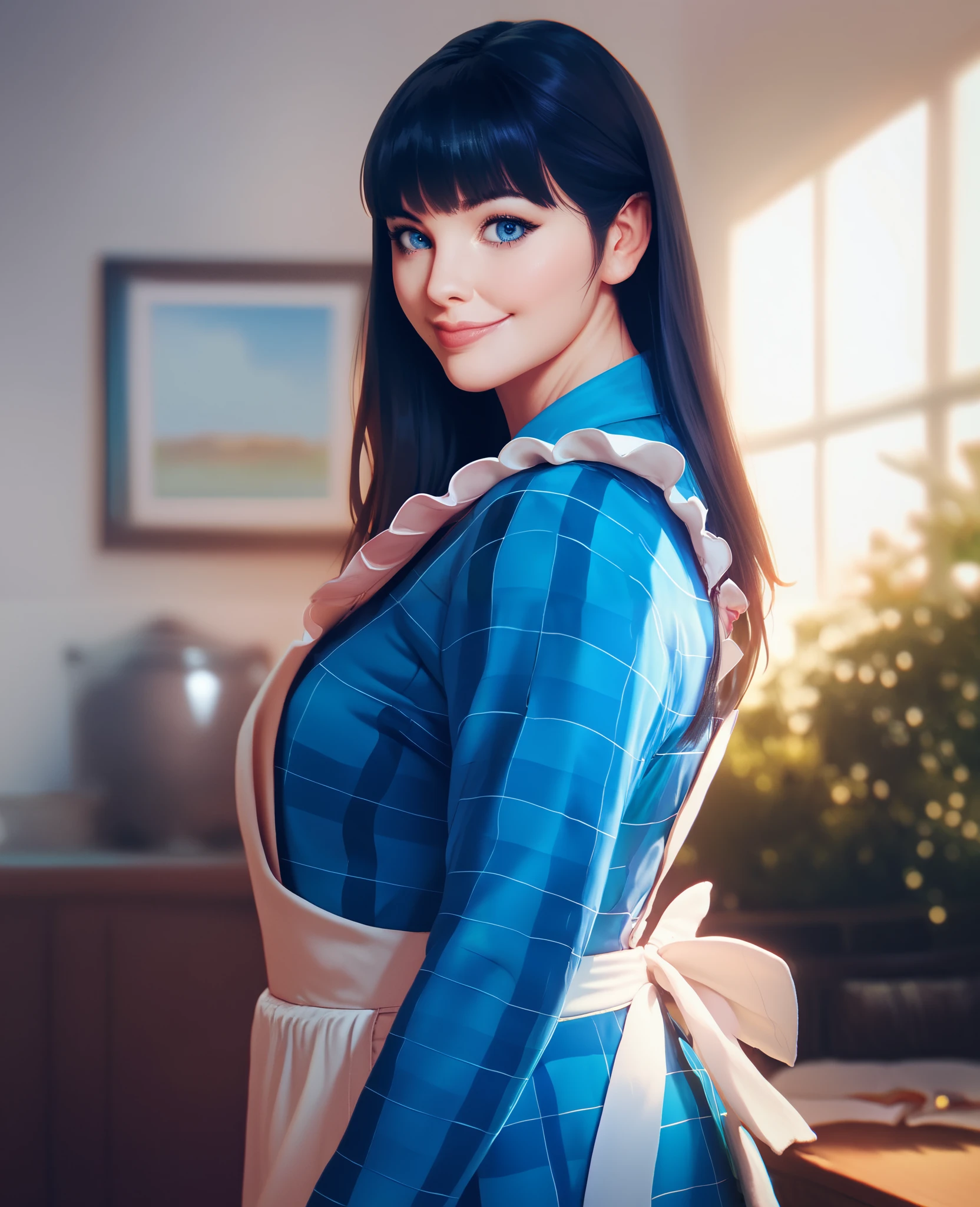 1girl, solo, looking at viewer, smile, bangs, black hair, long sleeves, closed mouth, standing, cowboy shot, indoors, blue eyes, apron, from side, lips, plaid, realistic