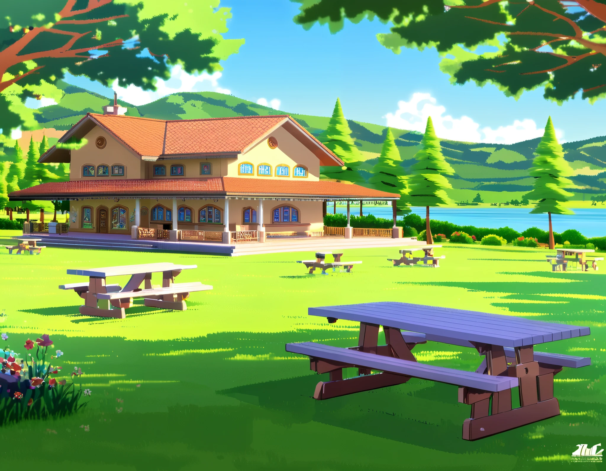 Uma grande mansion de férias no meio da floresta, ela contem campo e Lake ao lado, plus an outdoor dining room. Holiday camp de verão, well lit, cozy and beautiful. Virtual anime cartoon style. Image from the front of the cabin/mansion. (Holiday camp) ( Picnic tables ) (Lake) (pool) (open field) (Mansion in the middle of the field) (anime) Empty