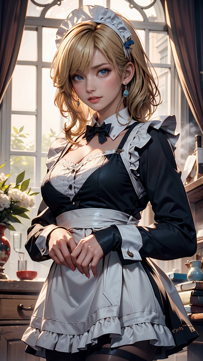 Masterpiece, Highest quality, High resolution, One girl, hayasaka ai, alone, Blonde, Maid, blue eyes, Side Ponytail, Hair Scrunchie, hair ornaments, Blue Scrunchie, Maid headdress, apron, Hair between the eyes, chest, Long sleeve, bangs, White shirt, Black Dress, Side Lock, Maid apron, Black Pantyhose,  Cowboy Shot,  24-year-old woman、Sexy proportionature female body、Sexy proportionakeup、Textured skin((textured skin))、smile、Narrow waist、Inner Color((colored inner hair))、Vertical roll on one side((side drill))、Background blur((depth of field))、Aerial perspective((atmospheric perspective))、