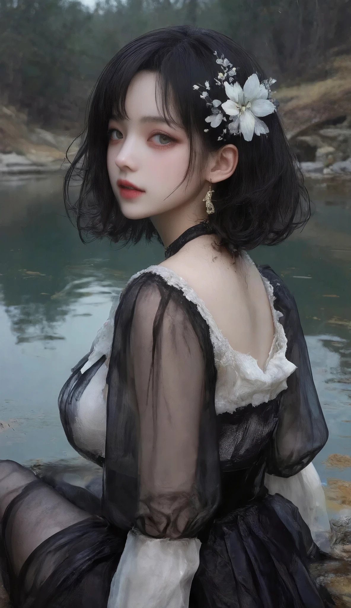 On a dark background 、High quality photography、 wet texture 、[Ice、 studio photography 、engraving、Shallow depth of field、Vignette、 Super Detailed、 high budget 、 bokeh 、Wide cinema 、[典雅、Colorful、 film grain ,with delicate and shiny skin of model,hair Model wearing white flower headpiece {x} Hair model with slightly curled black hair,Sitting by the lake ,wearing a black and white transparent ancient Hansel,with a pair of E cup breasts, Wearing a white flower headpiece on the left side of her hair,Looking around and right ,