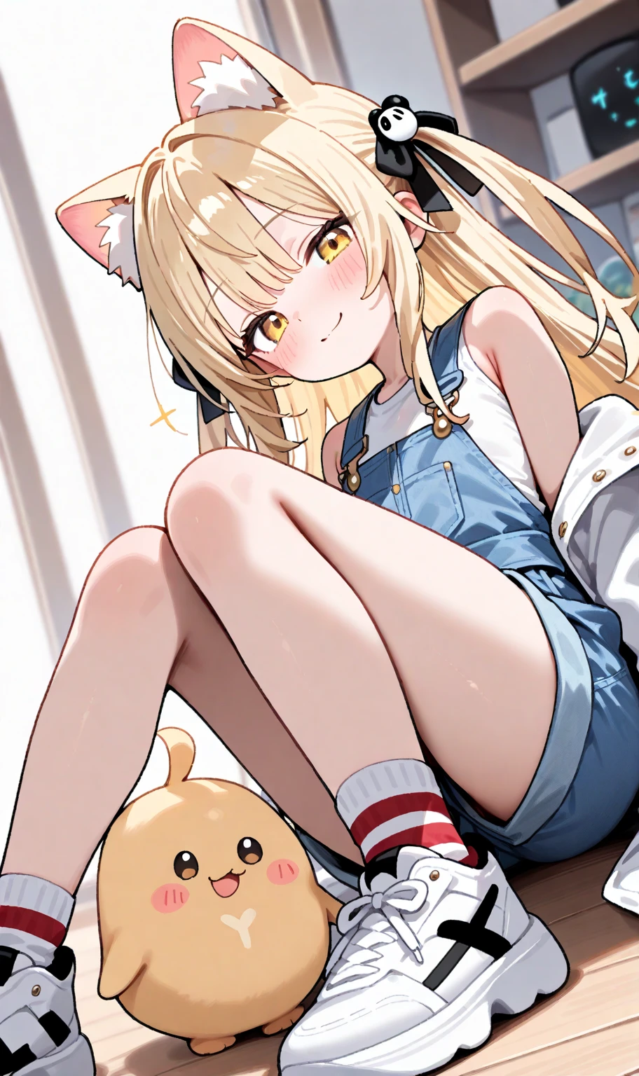 Anime girl with cat ears and pink skirt posing for a photo, she has dark hair with long braids, dwarf girl, grey eyes, bottom view, blushed, no panties, I see your pussy, lying on the wooden floor, spread and raised her legs, legs raised up, small pussy, close-up, spreads pussy with hand, She is satisfied, tight pussy, tight pussy