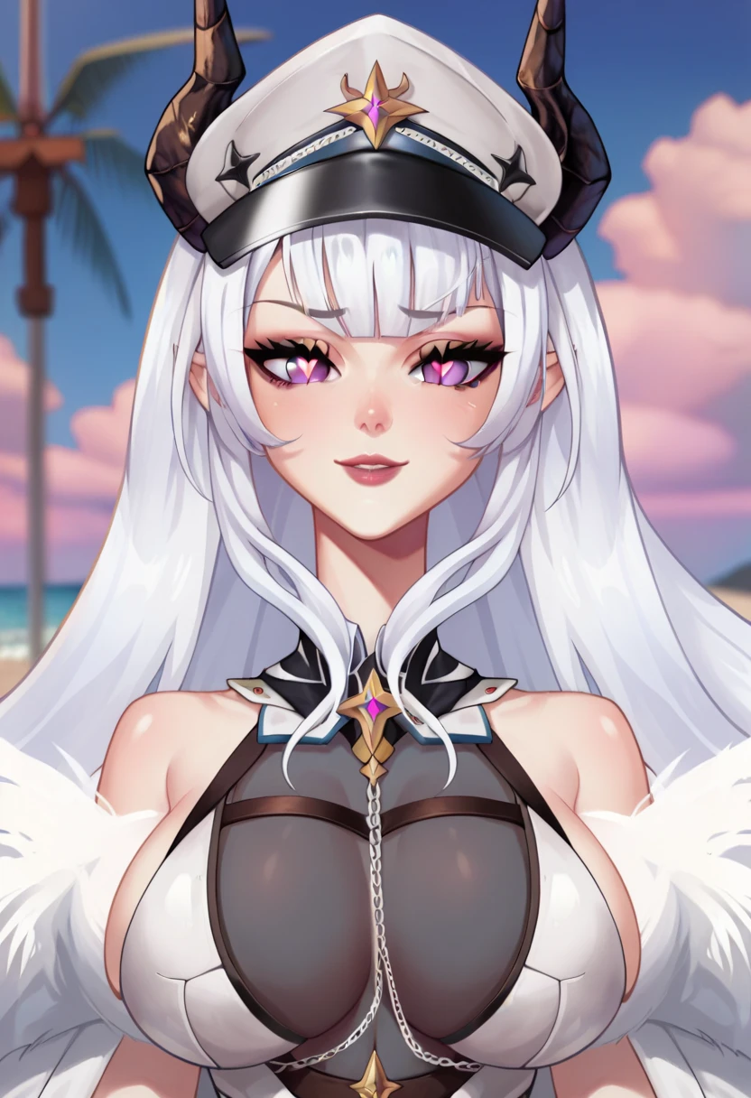tmasterpiece,best qualtiy,white color hair,Purple eye,sportrait,realisticlying,Wallpapers,painting of a,Large breasts,cleavage,ssmile,looks into camera,Blackn clothes。perfect bodies,Close-up shot,cleavage,beachside,swim wears,The bird,clouds