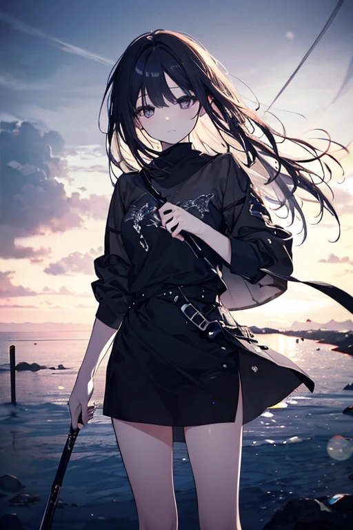 NSFW, huge visible buldge through clothes, beautiful boy, feminine small shotacon, small fragile body, black clothes (showing body), black hair, medium length hair, bangs, shining sparkly black eyes, masterpiece, 8k, photorealistic, chiaroscuro lighting, dramatic shadows, cinematic composition, coast background, wearing black short, tsundere
