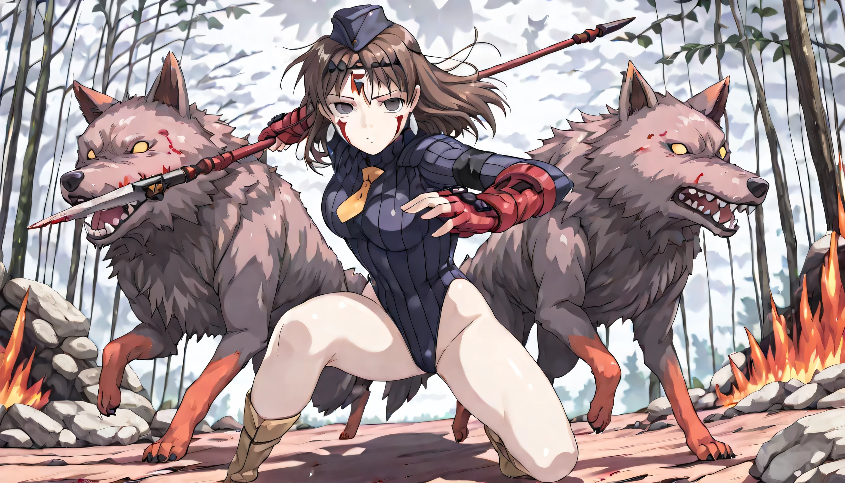 (((Masterpiece))), (((Best Quality))), ((Super Detail)), ultra-High resolution, score_9,score_8_up,score_7_up,score_6_up,score_5_up,score_4_up, BREAK, source_anime, anime screencap, uncensored, rating_explicit, Masterpiece, (best shadow), (absurdres), (detailed background), (very aesthetic), shiny, detailed beautiful eyes, outstanding, countershading, detailed soft lighting, an exquisite animation illustration, curvy, empty eyes, expressionless, blank eyes, looking at viewer, full body, emotionless, Fighting Stance, shadaloo dolls, red gloves, hat, cowboy shot, fingerless gloves, gauntlet, red gauntlet, leotard, cosplay, highleg, highleg leotard, red gloves, garrison cap, dark persona, ribbed leotard, yellow necktie, (((solo, 1girl))), hair ornament, submissive pose, seductive pose, medium breast, brown hair, facepaint, headband,earrings, tooth necklace, gray eyes, crystal necklace, pale skin, forest background, rock background, waterfall background, holding spear, spear, (((wolf, wolf background, full body))), blood spaltter, blood on face, blood on clothes, running, speed line, attack, battle, war, battlefield, burn, burning