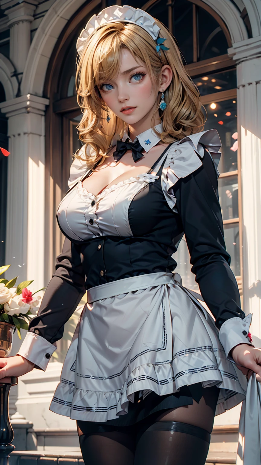 Best quality, masterpiece, ultra high res, raw photo, beautiful and aesthetic,deep shadow, dark theme,(ultra detailed:1.3),
1girl, dynamic pose, Headdress, (beautiful face, detailed eye:1.2), embarrassed, (busty breasts, gigantic breasts:1.1), drill hair, long hair, blonde hair, gradient hair, yellow eyes, solo, big hair, blue hair, divine goddess, looking at viewer, indoors, royal palace, medieval bedroom, astraea, full body, victorian maid dress, (apron:1.2)