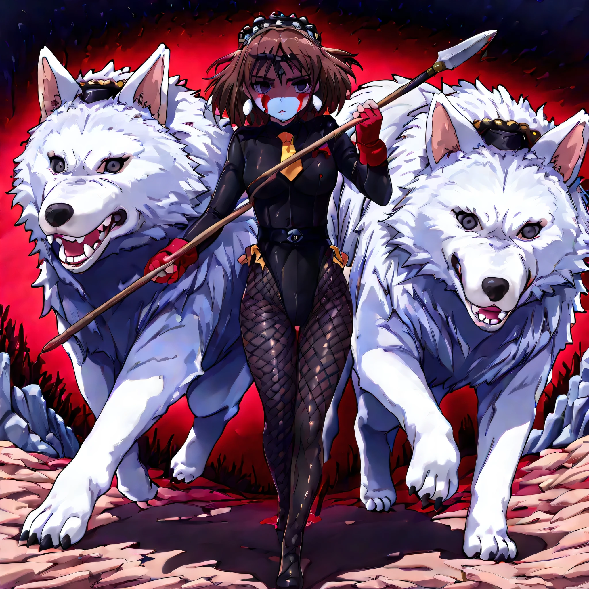 (((Masterpiece))), (((Best Quality))), ((Super Detail)), ultra-High resolution, score_9,score_8_up,score_7_up,score_6_up,score_5_up,score_4_up, BREAK, source_anime, anime screencap, uncensored, rating_explicit, Masterpiece, (best shadow), (absurdres), (detailed background), (very aesthetic), shiny, detailed beautiful eyes, outstanding, countershading, detailed soft lighting, an exquisite animation illustration, curvy, empty eyes, expressionless, blank eyes, looking at viewer, full body, emotionless, Fighting Stance, shadaloo dolls, red gloves, hat, cowboy shot, fingerless gloves, gauntlet, red gauntlet, leotard, cosplay, highleg, highleg leotard, red gloves, garrison cap, dark persona, ribbed leotard, yellow necktie, (((female combatmen, colored skin, makeup, shaded face, red shaded face, red make up, nazi, pantyhose, black pantyhose, fishnets, fishnet pantyhose))), (((solo, 1girl))), hair ornament, seductive pose, submissive pose, medium breast, brown hair, facepaint, headband,earrings, tooth necklace, gray eyes, crystal necklace, pale skin, forest background, rock background, waterfall background, holding spear, spear, (((wolf, wolf background, full body))), blood spaltter, blood on face, blood on clothes, blood spaltter, blood on face, blood on clothes, running, speed line, attack, battle, war, battlefield, burn, burning