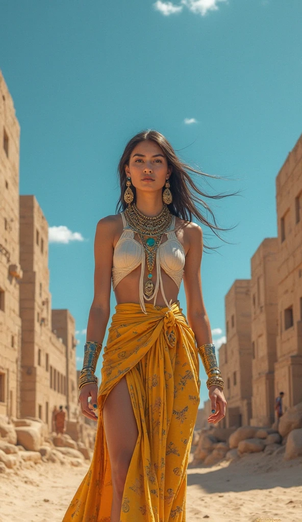 fking_scifi, fking_scifi_v2, portrait of a young, seductive, extremely beautiful and attractive Arabic woman, in front of a city in the desert, long messy hair, rich colorful clothes and golden jewelry, close up, regal pose and attitude. fking_cinema_v2.