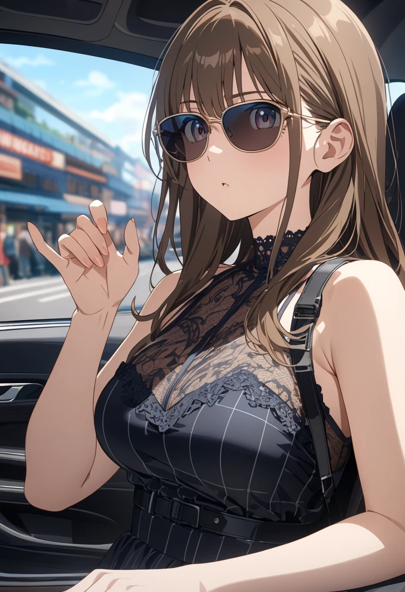 three quaterview、spacious passenger seat in a car、Live stream style、 ((car interior background)), ((upper body)), Source Anime, (Masterpiece), (Best Quality)), (Very Detailed), ((Cute)), (Amazing), (Detailed)), 4K, (8k), Highest Quality , (beautiful), perfect anatomy, ((perfect hands)), (perfect fingers)
ultra-definition depiction, 
break
MEN, brown-haired man wearing sunglasses
