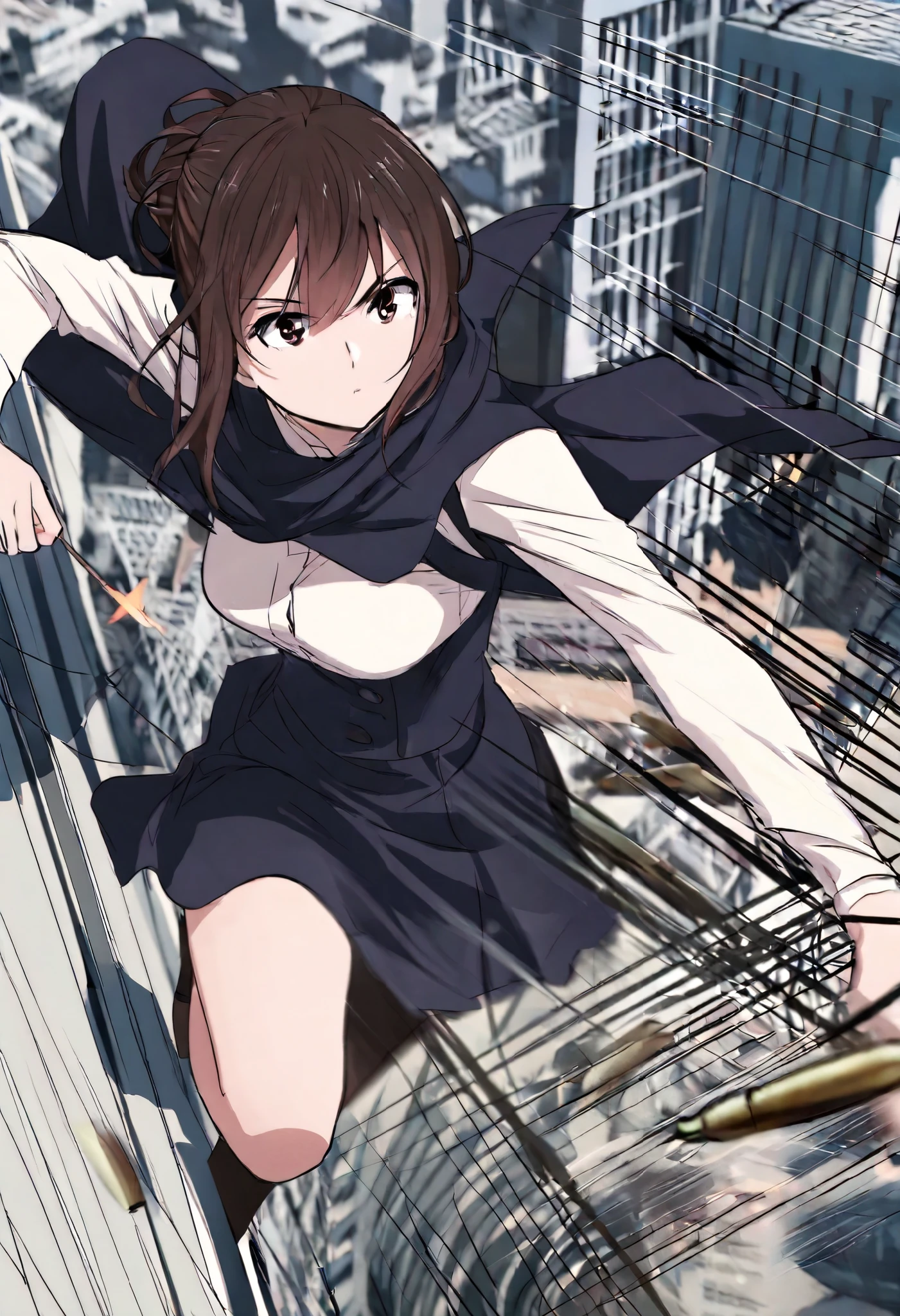 a scene like a movie, a beautiful, ordinary young lady is being targeted by an assassin on the roof of a building, she tilts her head to avoid the arrow, slow motion, motion blur, action blur, speed lines, bullet time dodge effects, background ordinary city, ultra detailed, absolutely resolution, masterpiece