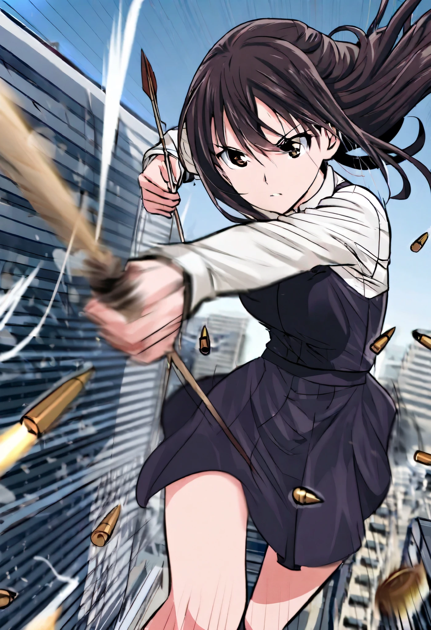 a scene like a movie, a beautiful, ordinary young lady is being targeted by an assassin on the roof of a building, she tilts her head to avoid the arrow, slow motion, motion blur, action blur, speed lines, bullet time dodge effects, background ordinary city, ultra detailed, absolutely resolution, masterpiece
