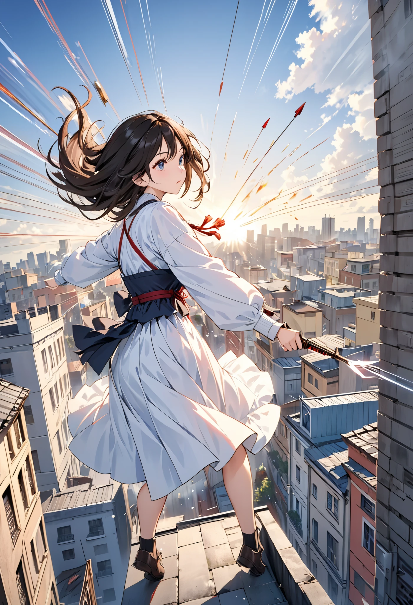 a scene like a movie, a beautiful, ordinary young lady is being targeted by an assassin on the roof of a building, she tilts her head to avoid the arrow, slow motion, motion blur, action blur, speed lines, bullet time dodge effects, background ordinary city, ultra detailed, absolutely resolution, masterpiece