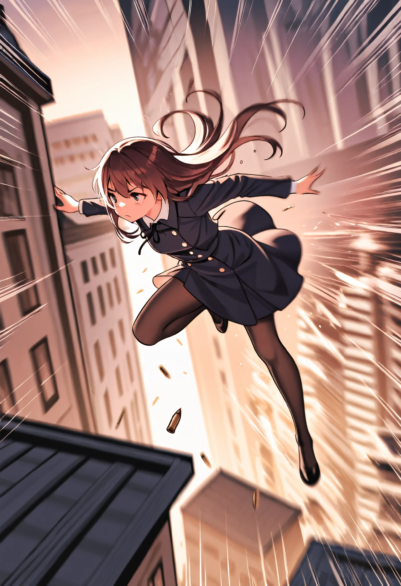 a scene like a movie, a beautiful, ordinary young lady is being targeted by an assassin on the roof of a building, she tilts her head to avoid the arrow, slow motion, motion blur, action blur, speed lines, bullet time dodge effects, background ordinary city, ultra detailed, absolutely resolution, masterpiece