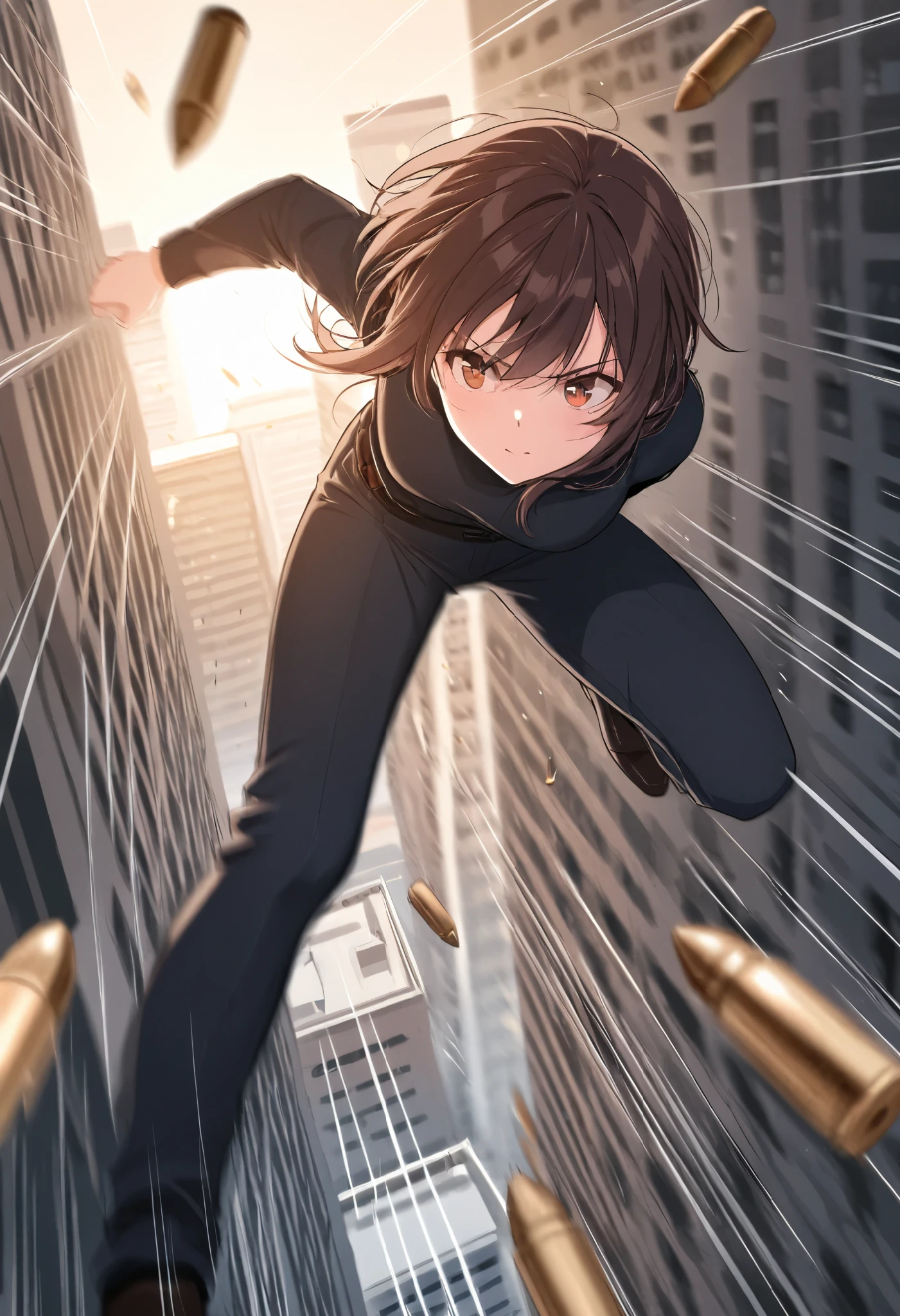a scene like a movie, a beautiful, ordinary young lady is being targeted by an assassin on the roof of a building, she tilts her head to avoid the arrow, slow motion, motion blur, action blur, speed lines, bullet time dodge effects, background ordinary city, ultra detailed, absolutely resolution, masterpiece