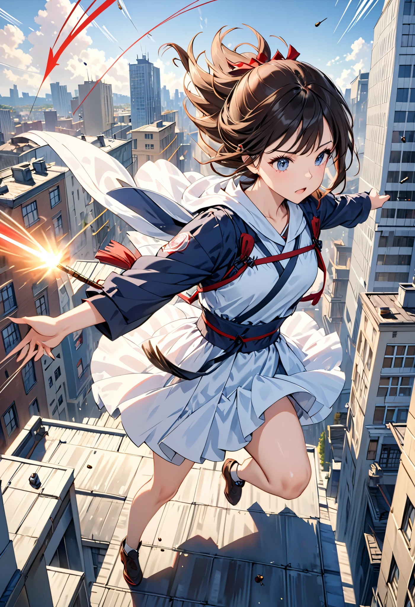 a scene like a movie, a beautiful, ordinary young lady is being targeted by an assassin on the roof of a building, she tilts her head to avoid the arrow, slow motion, motion blur, action blur, speed lines, bullet time dodge effects, background ordinary city, ultra detailed, absolutely resolution, masterpiece