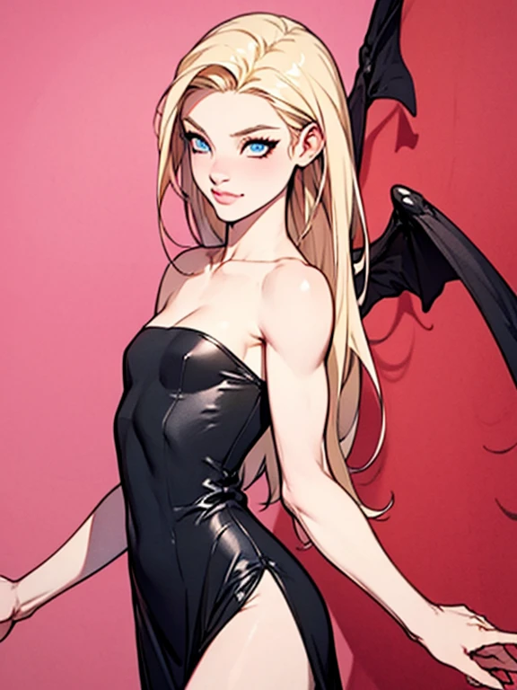 high quality, extremely detailed, perfect face, (black background), <lora:SuccubusSMT:.8> Succubus, ((blonde twintails)), large breasts, sleeveless black latex leotard, (long black latex gloves), black stockings, ((large black wings)), legs crossed, high heels, seductive smirk <lora:Ann Takamaki:.6>