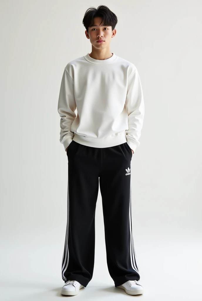  . A tall young man wearing black Adidas pants wide at the bottom with three white stripes on both sides, with an elegant white sweatshirt. The casual look is comfortable, suitable for going out and exercising. You can add white or black sports shoes to complete the set.. The background is simple with soft natural lighting.