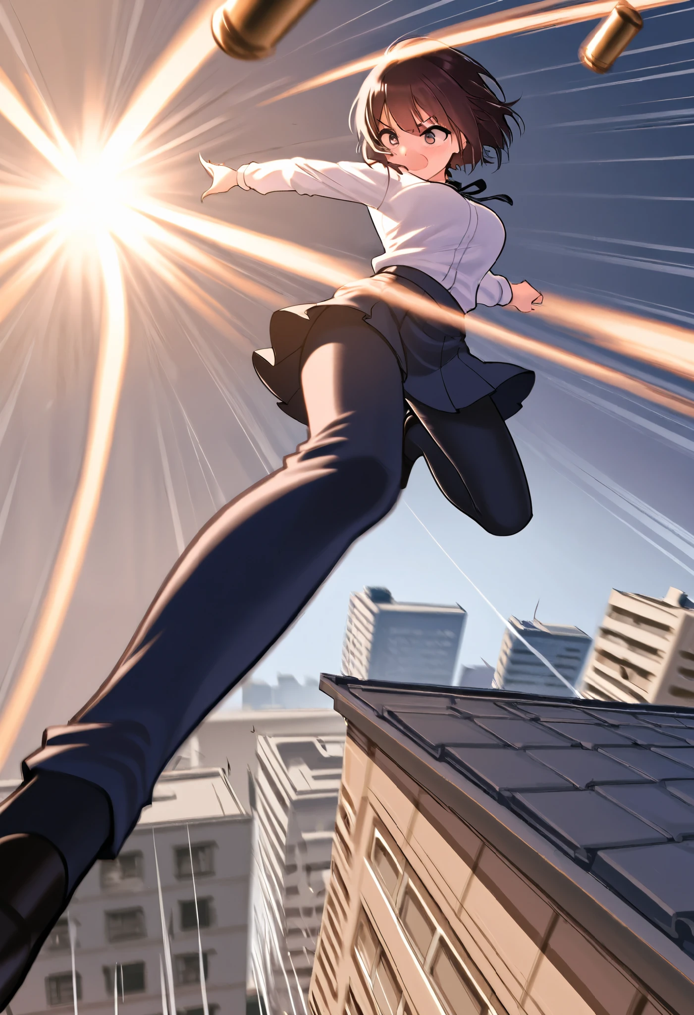 a scene like a movie, a beautiful, ordinary young lady is being targeted by an assassin on the roof of a building, she tilts her head to avoid the arrow, slow motion, motion blur, action blur, speed lines, bullet time dodge effects, background ordinary city, ultra detailed, absolutely resolution, masterpiece