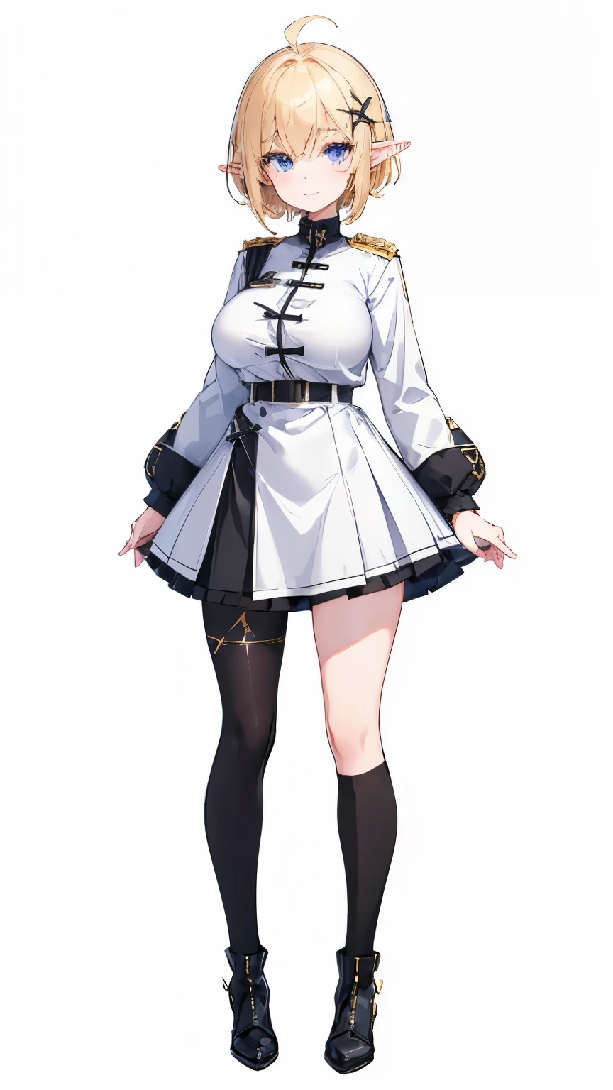 masterpiece,  top quality ,(( 1 elf woman, tall ,adult,Standing tall, standing straight , slender)),(((full body))), with detailed sagging eyes,Perfect dark blue eyes , (( blonde short hair)),ahoge,(((thick hair pin in the shape of an X on the bangs ))),huge breast, Black Knee High Boots ,((black luxurious embellished tights, black skirt with ruffles,Black military uniform,Black long sleeves)),(((( no background ,Solid white background)))), thin eyebrows, white skin,A cheerful smile,  I don't have anything in my hands ,One hand on hip,( composition from an oblique side),Gun belt on waist