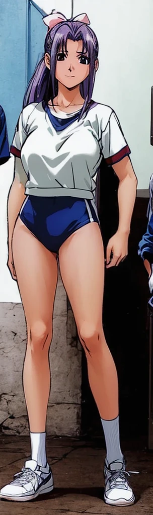 Momoko Koigakubo, a tall girl with beautiful legs, is standing with her legs spread to the sides in a white gym uniform and light navy blue bloomers that look like panties.。
