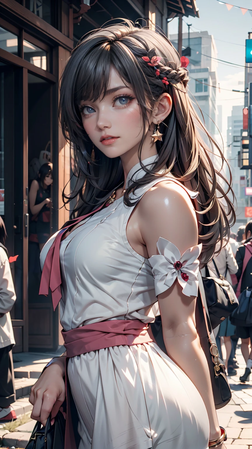 masterpiece, best quality, ultra high resolution, very aesthetic, absurdness, absolutely resolution, ultra detailed, 64K, super fine illustration, highly detailed beautiful face and eyes, perfect anatomy, professional lighting, 18 years old, ((shoulder-length brown pigtails)), skyblue eyes, hair tied at the both side top of head with a pink ribbon, razor-cut ends, brownly-white undertones, showing panties, mini skirt