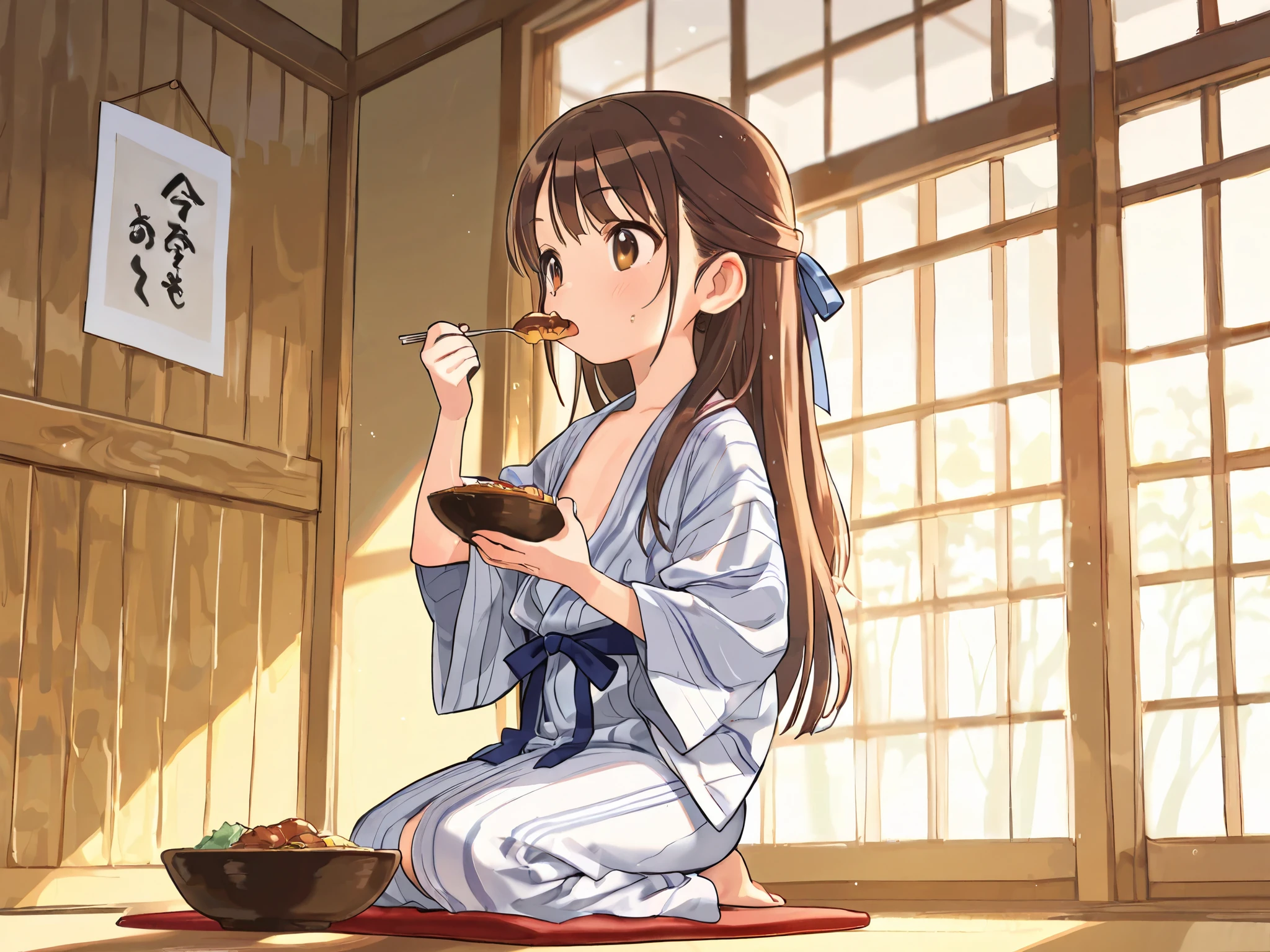 (Top Quality), (Very Aesthetic), (Super Detailed), (Best Illustration), , Solo Female, female , Girl, half updo, Blue Ribbon, Long Hair, Straight Hair, Sideburns, Center Parting, Brown Hair, Brown Eyes, (flat breast), bath yukata, seiza, full body, pretty face, mouth open, eating, front view, sumptuous meal, indoors, Ryokan