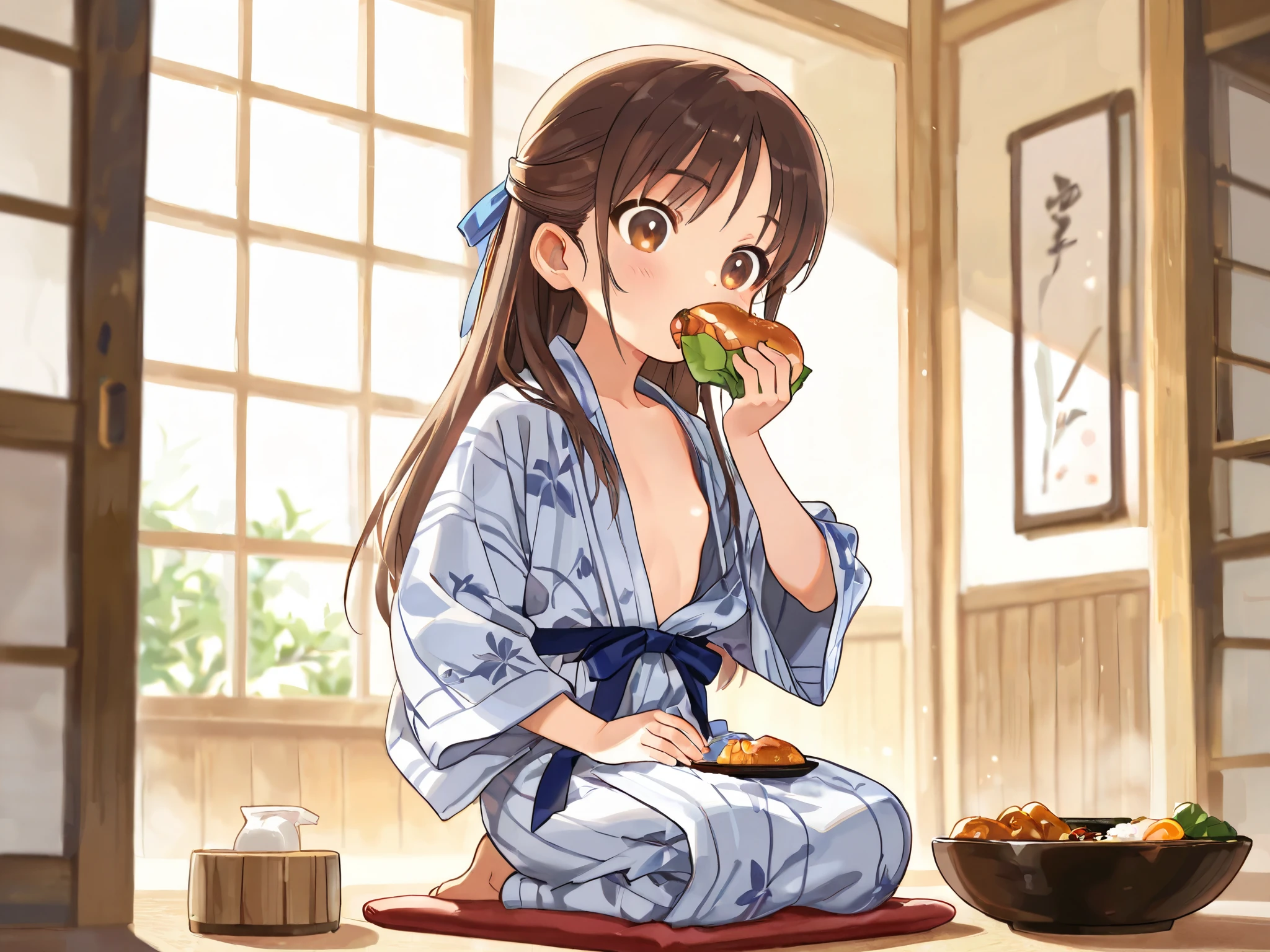 (Top Quality), (Very Aesthetic), (Super Detailed), (Best Illustration), , Solo Female, female , Girl, half updo, Blue Ribbon, Long Hair, Straight Hair, Sideburns, Center Parting, Brown Hair, Brown Eyes, (flat breast), bath yukata, seiza, full body, pretty face, mouth open, eating, front view, sumptuous meal, Japanese food, indoors, Ryokan