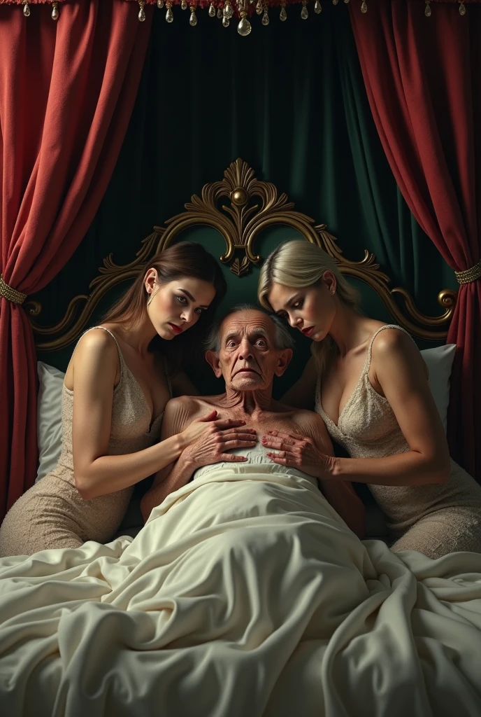Three beautiful girls in pajamas ,One naked old man sits on a chair.