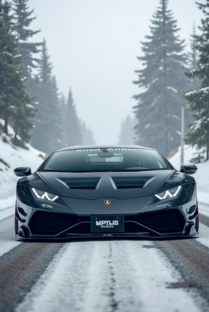 "A matte black Lamborghini Huracán STO parked on a snowy mountain road, surrounded by tall pine trees covered in snow. Snowflakes gently falling, adding a dynamic winter atmosphere. The car's aggressive aerodynamic design contrasts with the serene, icy landscape. Cinematic lighting, ultra-realistic reflections, high-detail rendering, moody and dramatic composition."