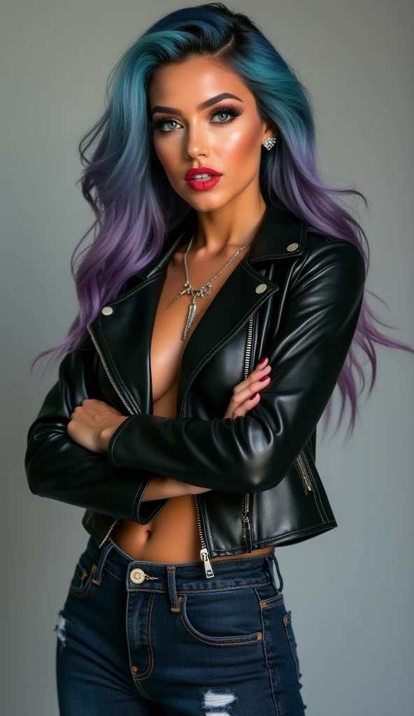 beautyfull slender woman, tall woman, lilac details, sidecut big lilac hair, long hair, black lipstick, black jacket, purple bra, black pants, punk woman, adult woman, serious face, milf, small breasts