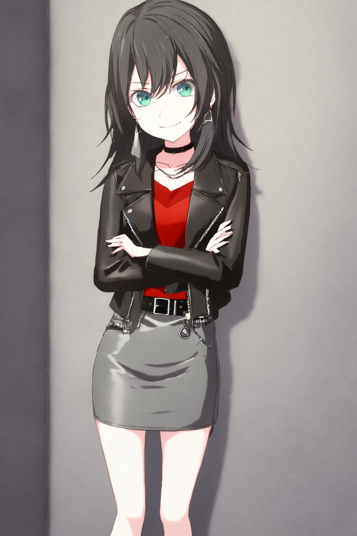 Dim interior
Otome,slender figure,small chest,
1 girl,Alone,(leaning against the wall:1.3),
( arm-crossed:1.2),smile,
Yawata Umiri,A formal one leaning against a wall,green eyes, black hair,long hair,Skirt,black jacket,jacket,grey Skirt,leather jacket,choker,pencil Skirt, jewelry,leather,earrings,belt,miniSkirt,long sleeve, clothes,chest,chest元,open jacket,red shirt, shirt,black choker,black belt,boots,leather,black footwear,Platform Shoes,crossed laces shoes , , very beautiful, high resolution, Super Detail, perfect detail,yandere,Edge Guess Gao,Three white eyes,smiles