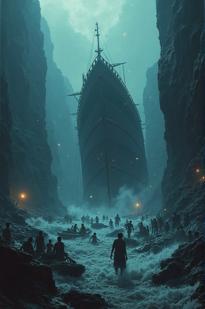 [Core Concept] A dramatic, apocalyptic scene depicting people struggling to survive in the midst of the biblical flood, as described in the story of Noah's Ark.

[Character Description] Desperate figures, both men and women, thrashing and reaching out in a futile attempt to stay afloat amidst the churning, turbulent waters. Their faces contorted in anguish, bodies twisted and submerging one by one.

[Environment/Background] The chaotic, surging waves of the biblical flood, churning and crashing as far as the eye can see. Debris and wreckage floating aimlessly, a testament to the catastrophic destruction.

[Style and Atmosphere] A somber, harrowing atmosphere, conveying the profound tragedy and loss of life unfolding. The scene rendered with a dark, moody palette, heightening the sense of despair and hopelessness.

[Composition] The composition focused tightly on the struggling figures, their forms silhouetted against the vast, turbulent waters that dominate the frame. A sense of claustrophobia and entrapment conveyed through the framing.

[Details and Embellishments] Droplets of water suspended in the air, refracting the light in an ethereal, almost mystical manner. Flashes of panic and terror captured in the expressions of the doomed individuals.

[Technical Specifications] This image would be rendered in a photorealistic style, with meticulous attention to the details of the human forms, the movement of the water, and the interplay of light and shadow to heighten the realism and emotional impact of the scene.