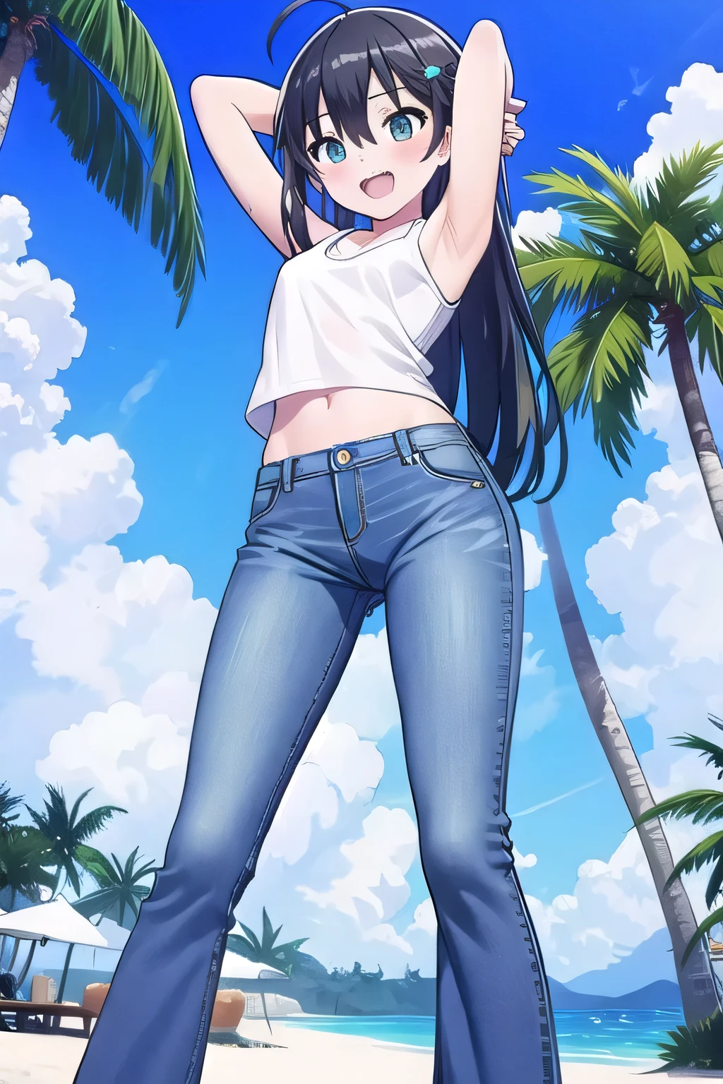 (masterpiece, best quality:1.2), <lora:aka6:1>, aka6, 1girl, hat, solo, skirt, long hair, outdoors, breasts, shirt, large breasts, looking at viewer, white shirt, beach, straw hat, denim, black hair, hands on headwear, ocean, short sleeves, shirt tucked in, day, blue skirt, blush, purple eyes, bangs, sky, cowboy shot, sun hat, arms up, denim skirt, hat ribbon, very long hair, blue sky, :o