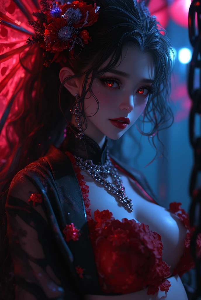 1girl, long_hair, bright_hair_color, seductive_eyes, mysterious_expression, mature_appearance, glamorous_outfit, flowing_dress, elegant_jewelry, intricate_embellishments, magic_symbols, glowing_accessories, potions, scrolls, cute_accents, bows, ribbons, flowers,