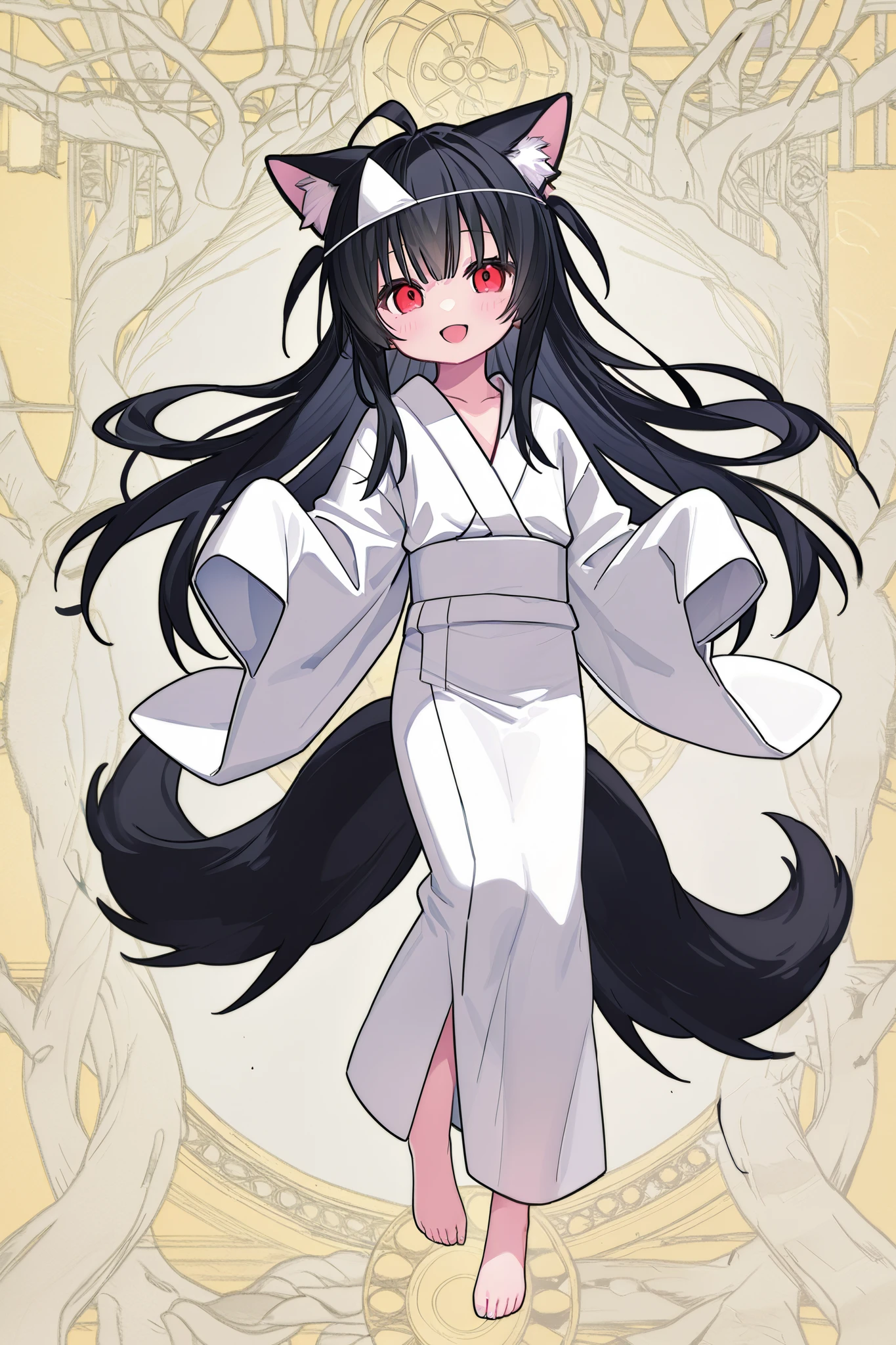 High detail and high drawing volume、eyes drawn in super detail、high image quality during sick leave、high quality、anime、illustration for both eyes、digital art、ghost、 Triangle Headpiece、long hair、Rose Tails、blue gradation on the tips of your hair、 purplish black hair 、Cat ears、Young face、Petite、No nose、eyes shining red and pink、 mischievous eyes 、 white yukata、bare feet、smile and open your mouth wide and vertical、full body、Body floats、full bodyに白い気を纏う、A human soul comes to mind、